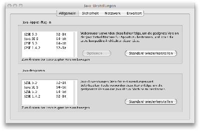 Java-Einstellungen unter MacOS 10.5.8
